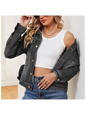 Women's Crop **Denim Jacket** Fitting Casual Long Sleeve Vintage Jean Jacket 2XL